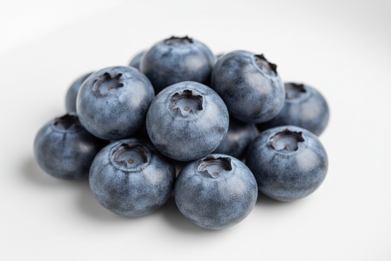 Close-up shot of fresh blueberries with natural bloom, beautifully lit, crisp detail, subtle shadows, soft white background, high-resolution food photography, minimalistic and clean style, perfect for a modern website ingredient section