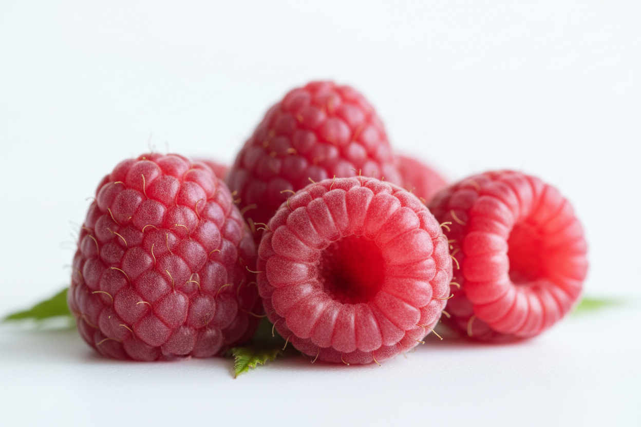 Close-up shot of fresh raspberries with natural bloom, beautifully lit, crisp detail, subtle shadows, soft white background, high-resolution food photography, minimalistic and clean style, perfect for a modern website ingredient section