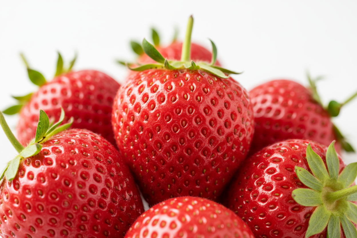 Close-up shot of fresh strawberries with natural bloom, beautifully lit, crisp detail, subtle shadows, soft white background, high-resolution food photography, minimalistic and clean style, perfect for a modern website ingredient section