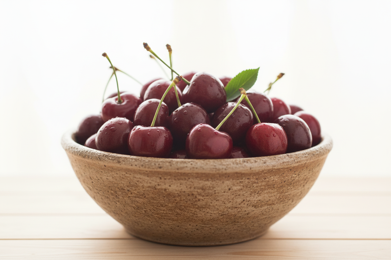 Rustic bowl filled with ripe cherries, vibrant red color, natural soft lighting, shallow depth of field, clean light background, premium food photography suitable for a modern website.